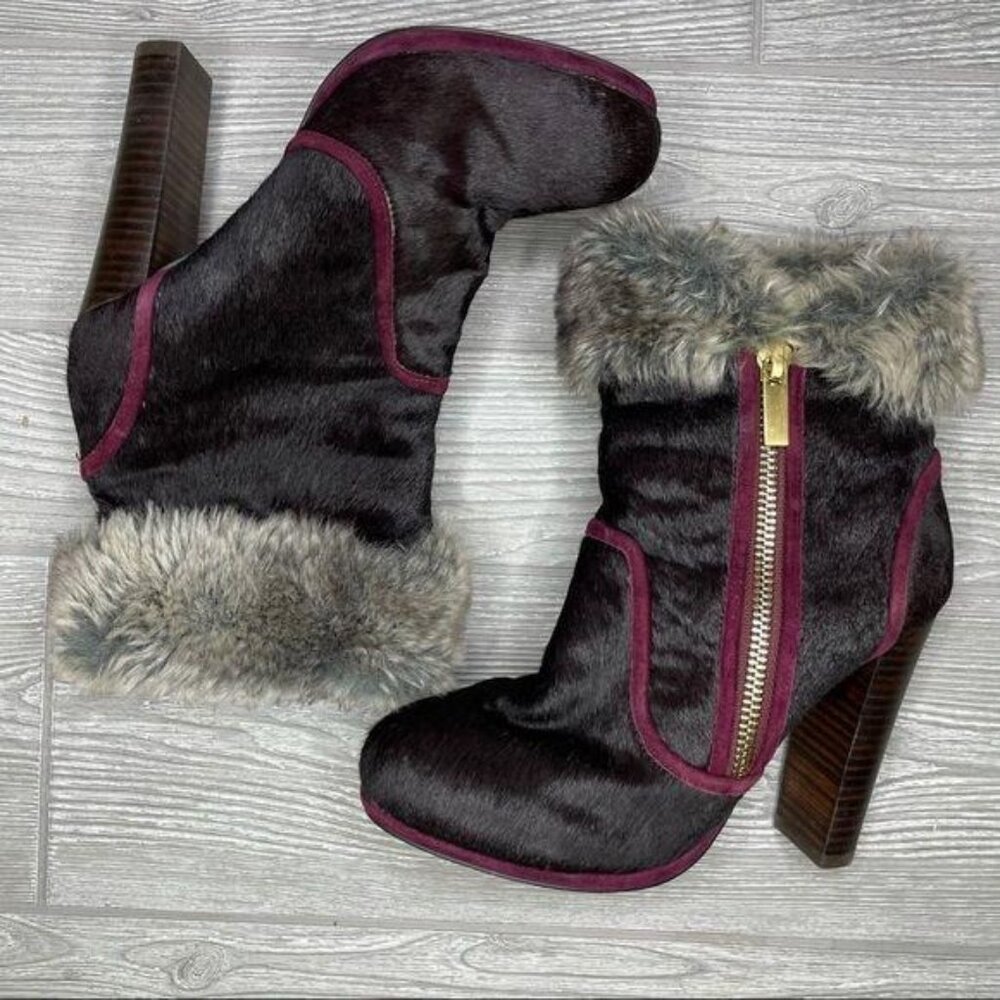 June Ambrose dakota oxblood calf hair Leather heeled boot booties 8.5